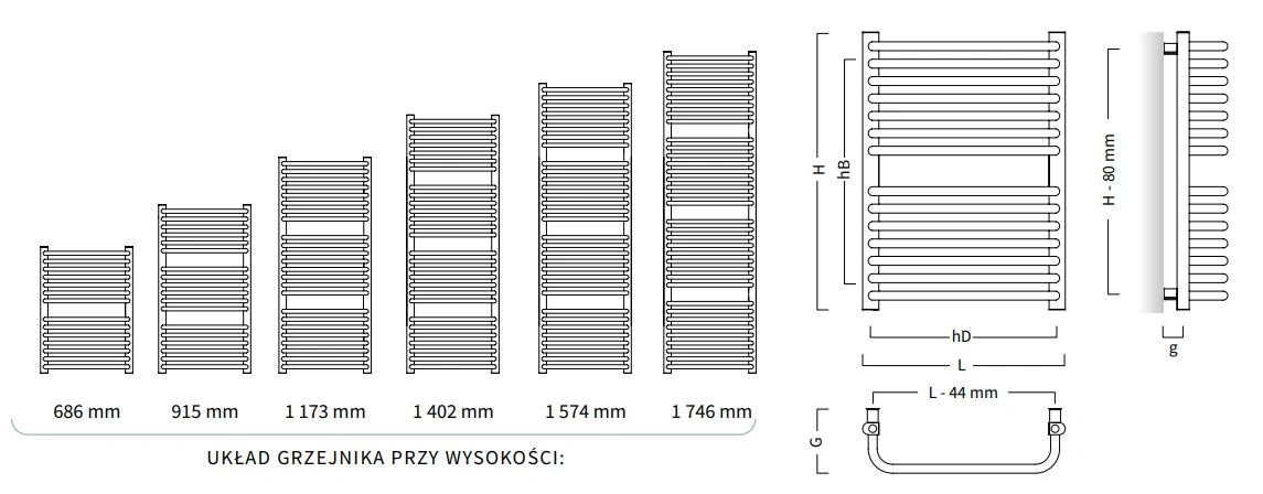 Grzejnik łazienkowy STANDARD INSTALPROJEKT-wymiary-schemat