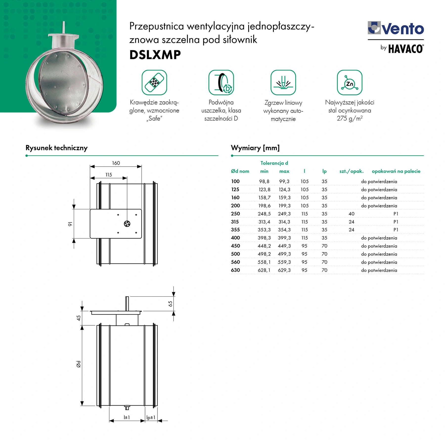 Przepustnica wentylacyjna jednopłaszczyznowa szczelna pod siłownik DSLXMP-karta-katalogowa