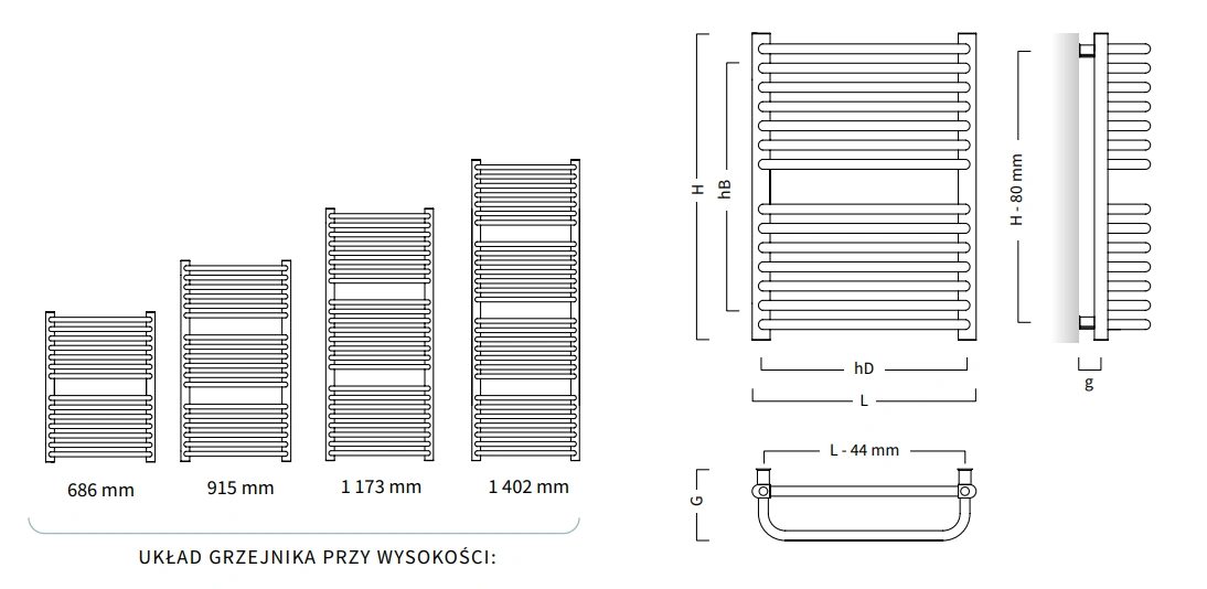 Grzejnik łazienkowy STANDARD 3D INSTALPROJEKT-wymiary-schemat