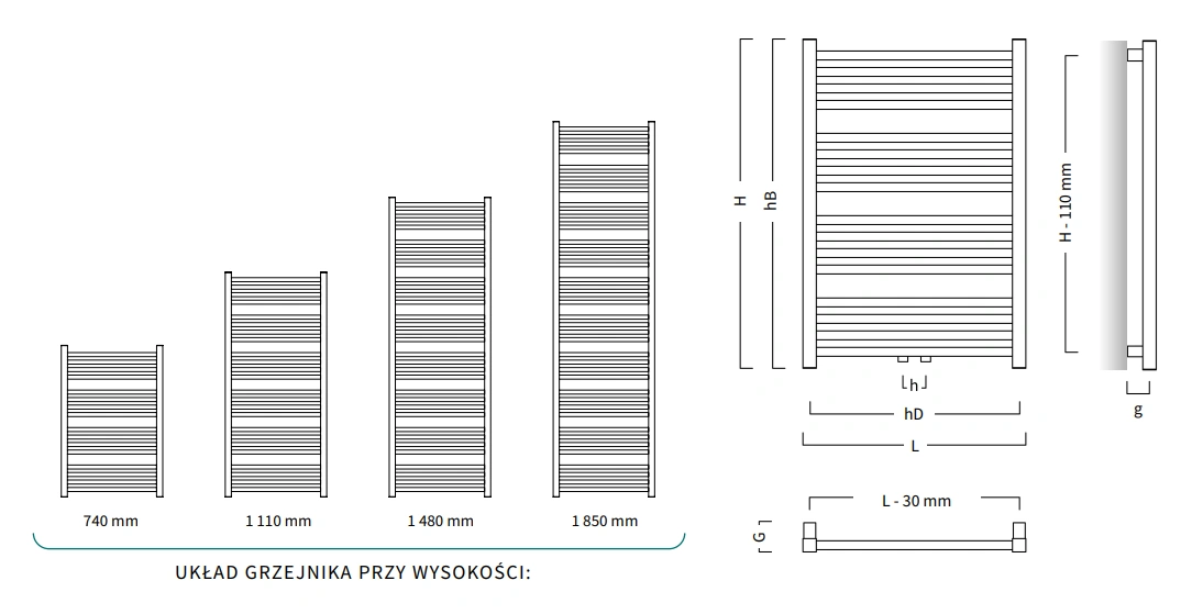 Grzejnik łazienkowy STICK D50 INSTALPROJEKT-wymiary-schemat
