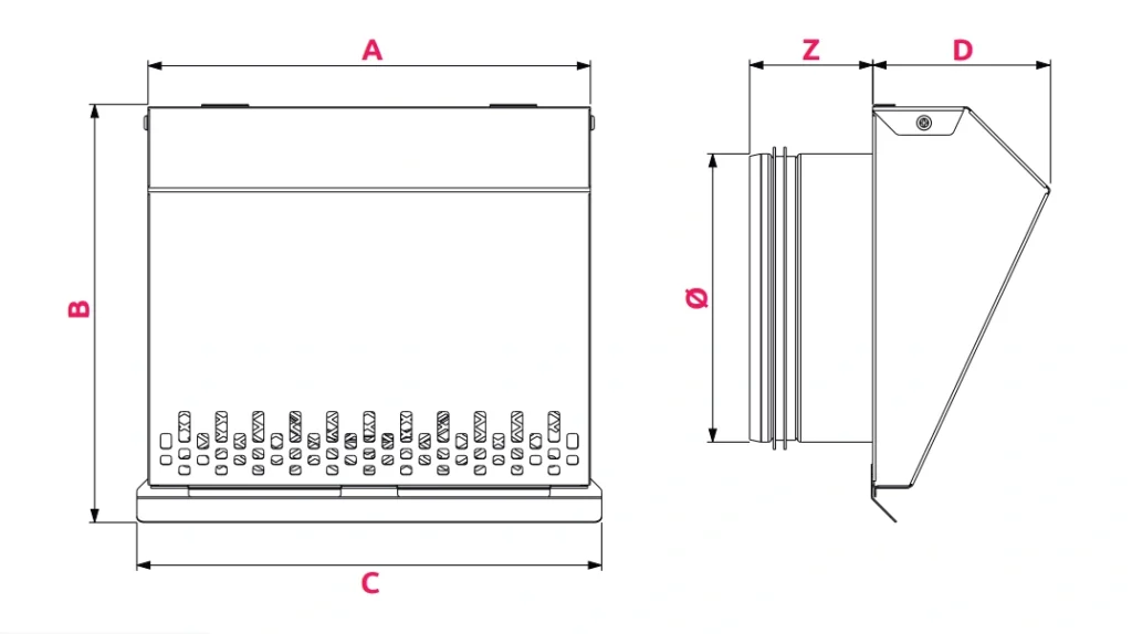 Czerpnia ścienna metalowa VCSM AWENTA PRO-wymiary-schemat