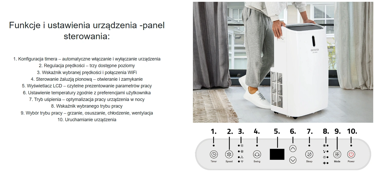 Klimatyzator przenośny Yuki 3,5 kW AIWA-PAC12Y2-panel-sterowania