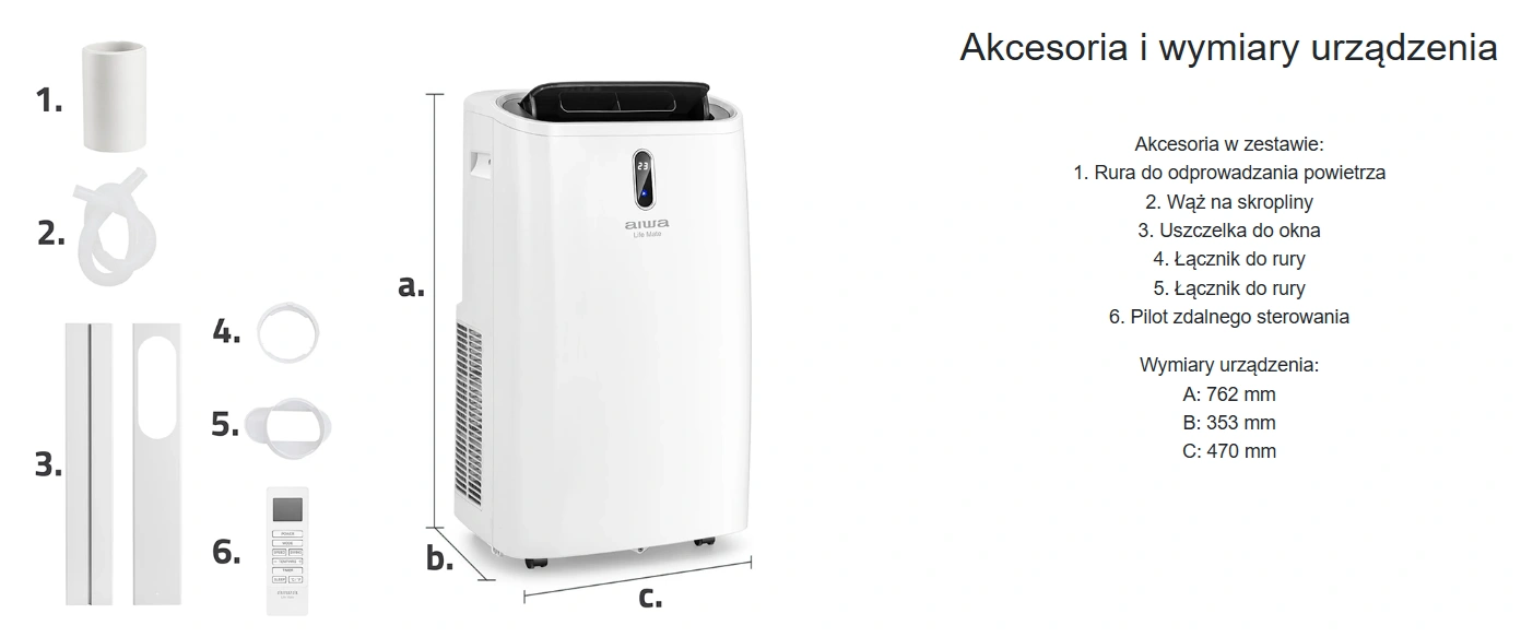 Klimatyzator przenośny Yuki 4,7 kW AIWA-PAC16Y2-wymiary-i-akcesoria
