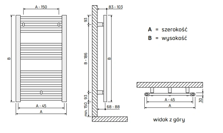 Grzejnik łazienkowy BANGA PURMO RAL9016-wymiary-schemat