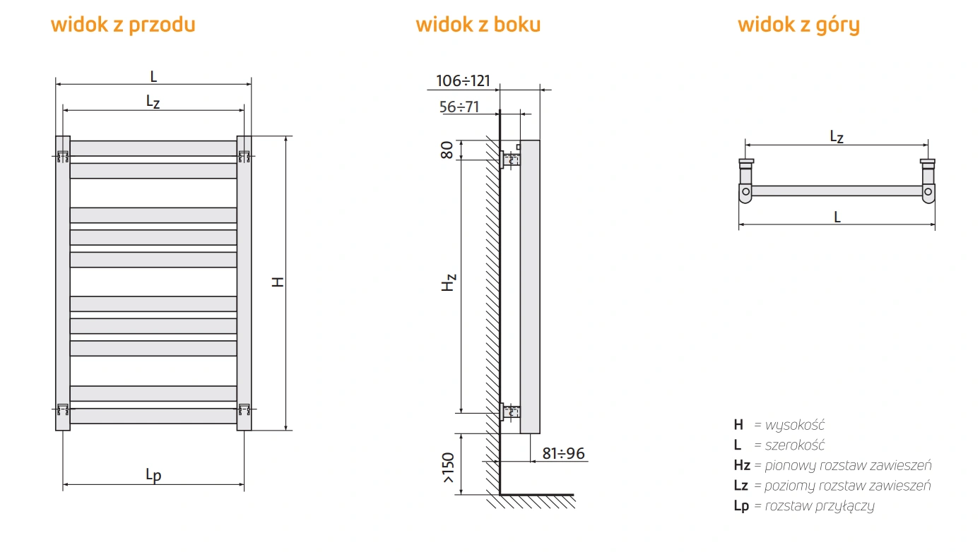 Grzejnik łazienkowy JAVA PURMO RAL9016-wymiary-schemat