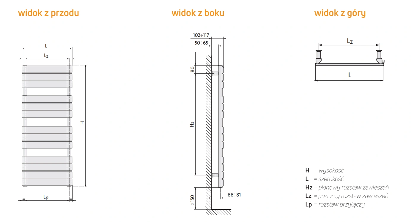 Grzejnik łazienkowy MUNA PURMO RAL9016-wymiary