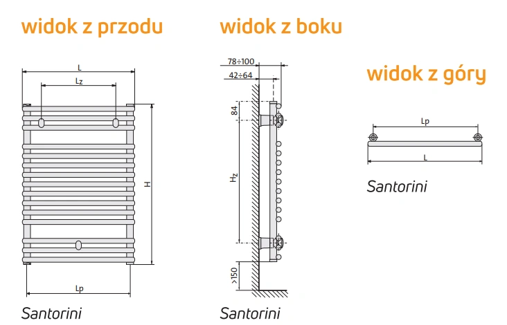 Grzejnik łazienkowy SANTORINI PURMO RAL9016-wymiary
